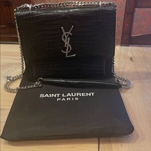 Black Croc-Embossed Shoulder Bag with Silver Accents